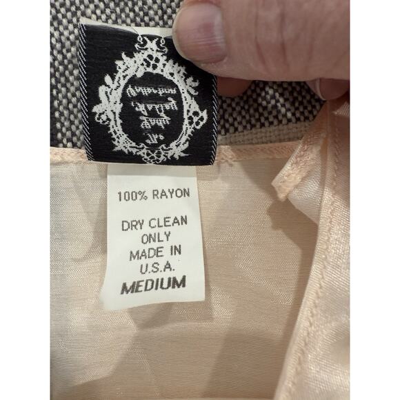 Vintage Peach Satin Rayon Sleeveless Slip Dress With Embroidery Hem Size Medium - Picture 8 of 8